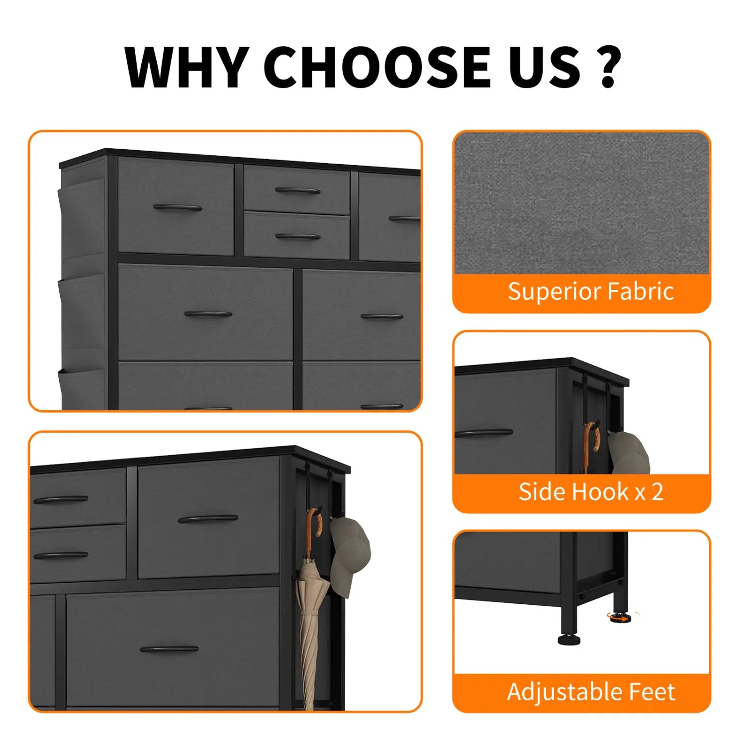 Black fabric dresser with 10 drawers, side pockets, hooks for umbrella and hat, and adjustable feet for stability.