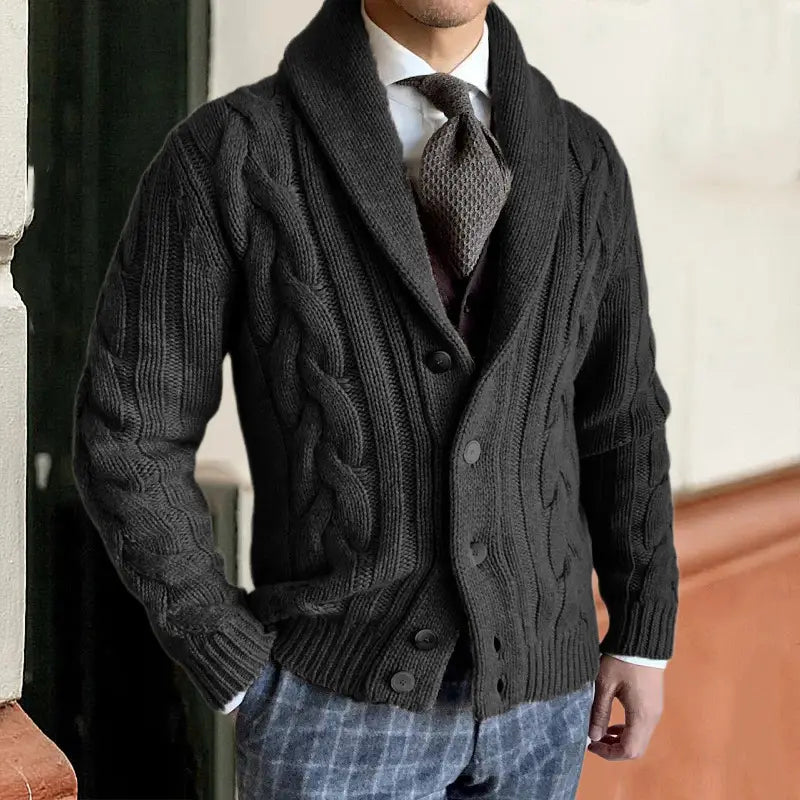 Dunkelgrauer Cardigan mit Zopfmuster, Schalkragen, für Herren aus weicher Wollmischung, ideal für den Alltag und formelle Anlässe
