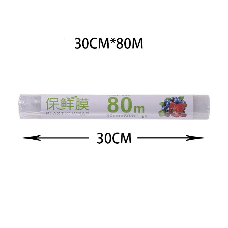 A roll of clear plastic wrap 30cm wide and 80 meters long with a white label featuring green text and berry illustration used with a magnetic cling film cutter and plastic wrap dispenser.