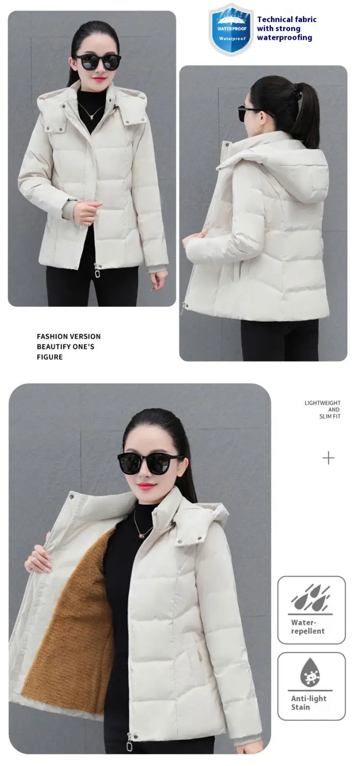 Chaqueta corta de plumón color crema para mujer, abrigo acolchado corto, grueso y abrigador para el invierno, con capucha y diseño acolchado.