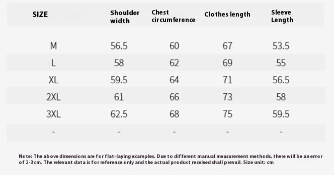Size chart displaying measurements in centimeters for men’s hooded corduroy puffer jacket plus size from medium to 3XL.
