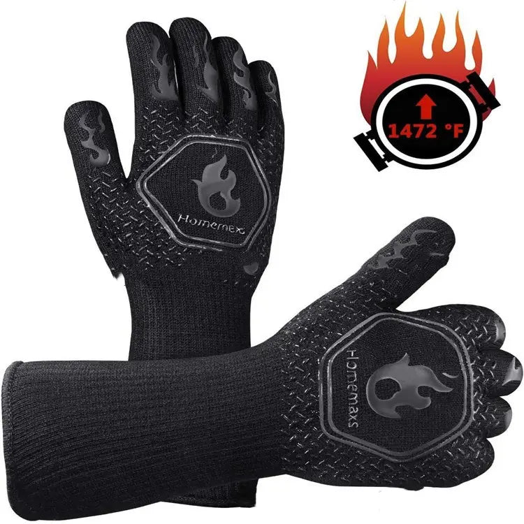 Black homemex grill gloves with flame-patterned grip and heat-resistant flame retardant design for bbq use.