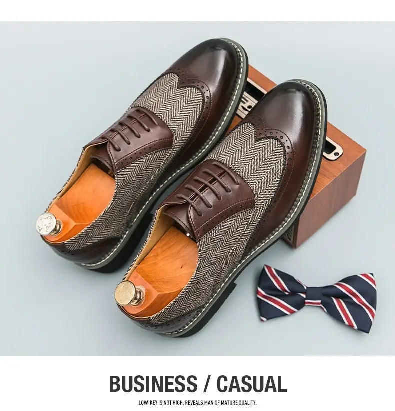 Men’s Korean style woven leather brogue high top shoes with brown and gray herringbone wingtip polished accents
