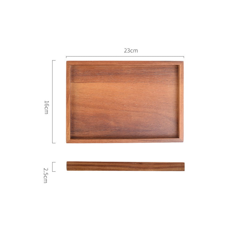 Acacia wood rectangular serving tray with a warm natural wood finish and smooth edges hand polished for an elegant presentation.