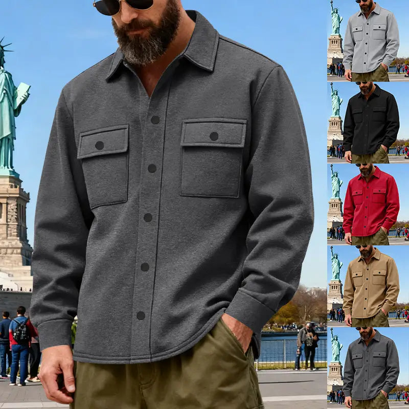 Dunkelgraue schwere Fleece-Innenjacke für Herren mit langen Ärmeln, Knopfleiste vorne, zwei Brusttaschen und einem Kragen.