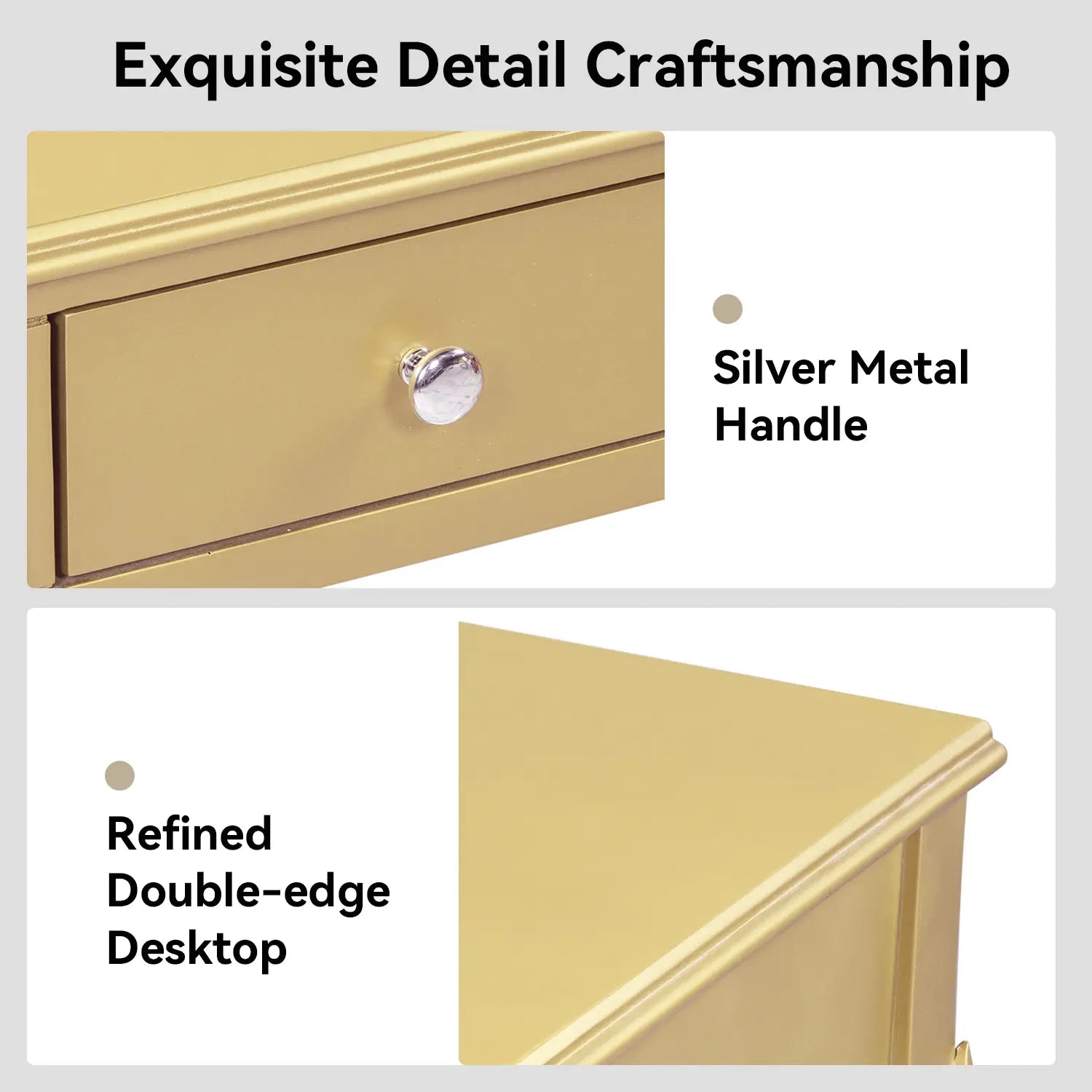 Gold makeup vanity desk featuring a gold-finished wooden structure with a refined double-edge desktop and silver metal handles on three drawers.