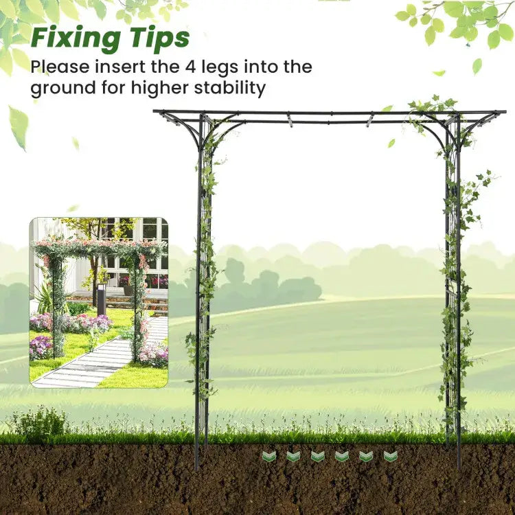 Black metal garden arbor with curved legs and horizontal beams designed for climbing plants measuring 81 inches.