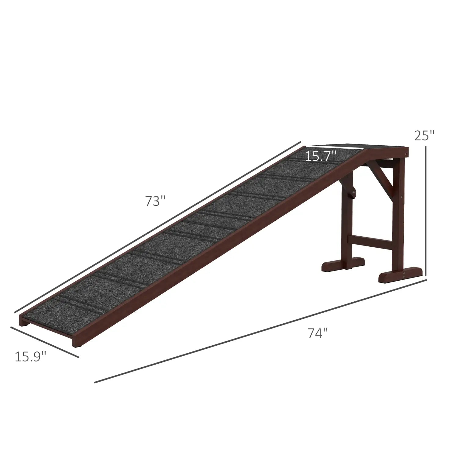 Brown wooden dog ramp with a non slip textured dark gray surface designed as pet stairs with a platform.