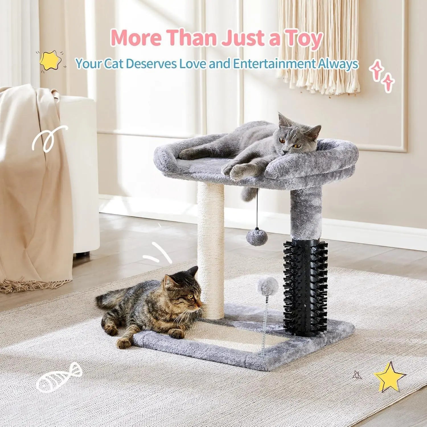 Gray plush cat tree tower with sisal scratching post and interactive toys for feline play and comfort