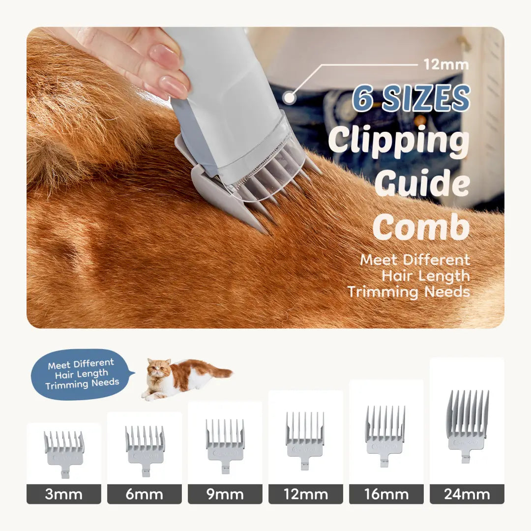white electric pet grooming vacuum clipper with 12mm guide comb attached shown in use on orange fur with five additional interchangeable combs for various hair lengths next to it in a 2.5l kit