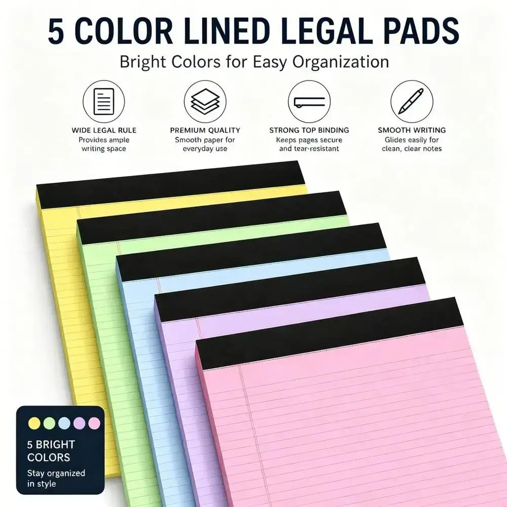 A5 lined colorful notepad set featuring five bright yellow green blue lavender and pink pads with black top bindings for note taking