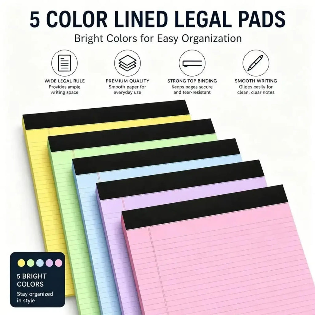 A5 lined colorful notepad set featuring five bright yellow green blue lavender and pink pads with black top bindings for note taking