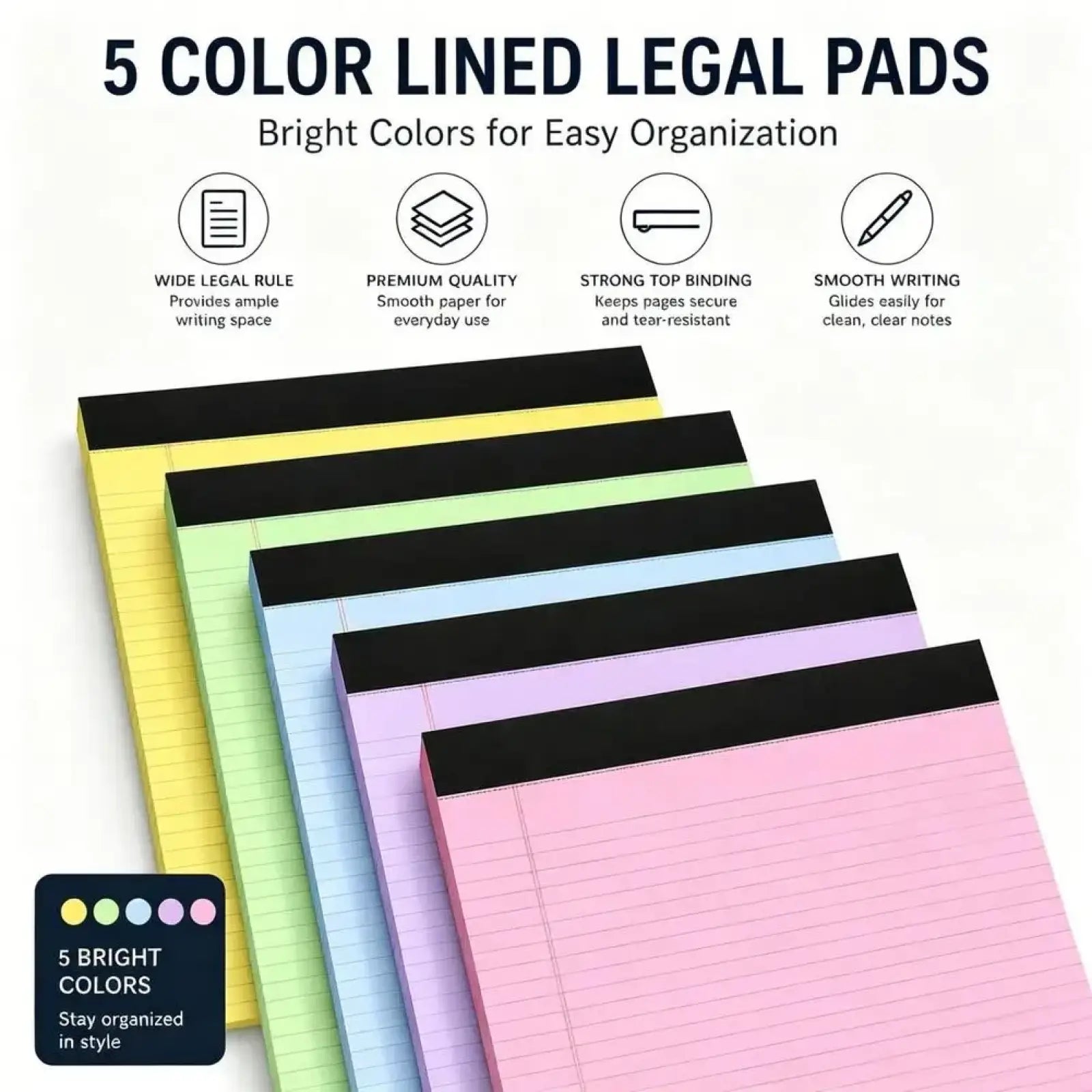 A5 lined colorful notepad set featuring five bright yellow green blue lavender and pink pads with black top bindings for note taking