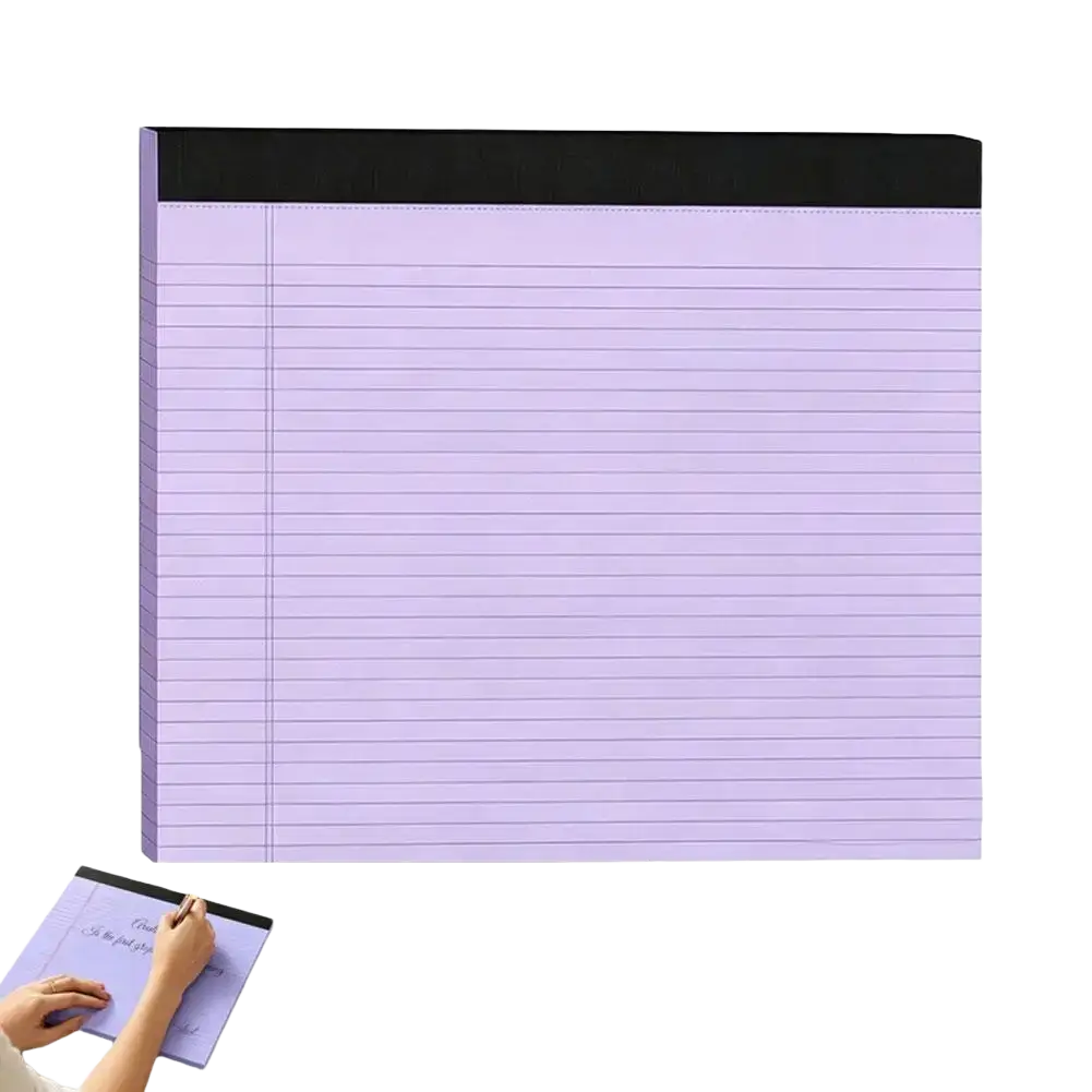 A5 colorful notepad for note taking with lavender-lined pages and a black elastic band binding