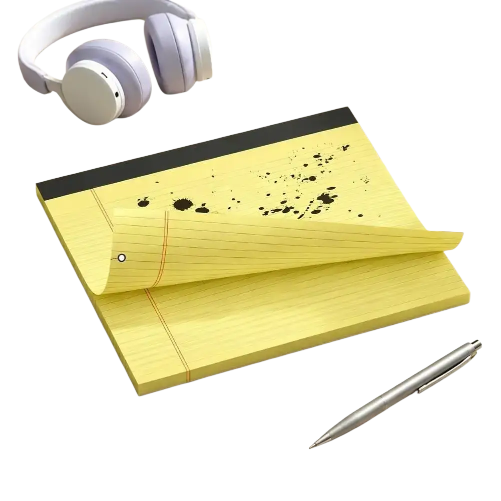 A5 lined colorful notepad with yellow pages black ink splatter design and black spine for note taking