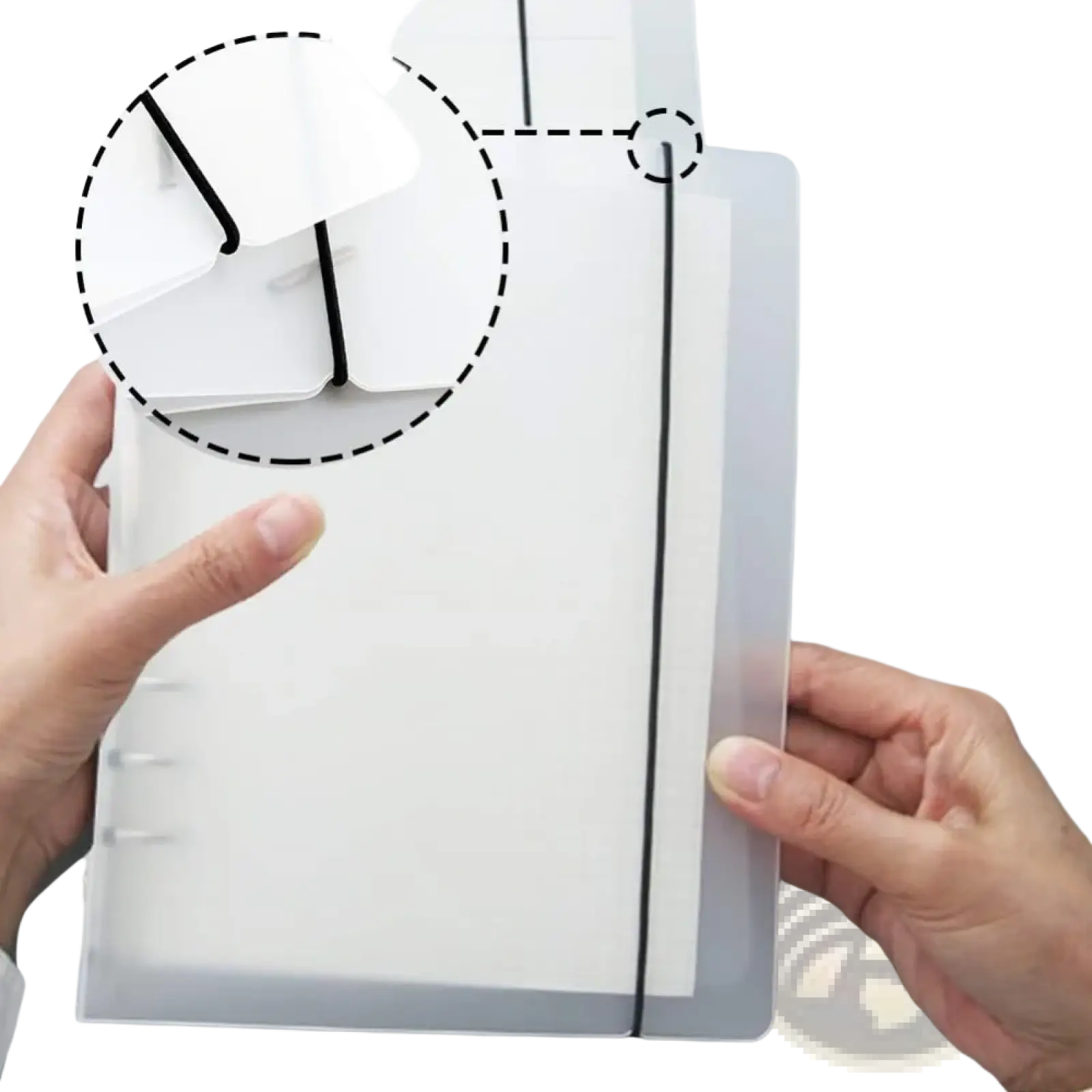 A5 translucent loose leaf ring binder notebook with transparent plastic cover, black elastic band, and white pages inside