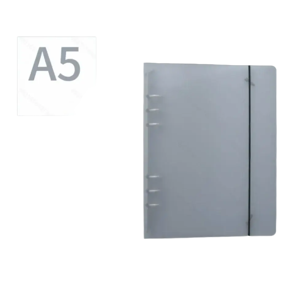 A5 translucent loose leaf ring binder notebook with transparent cover six silver metal rings and black elastic band closure
