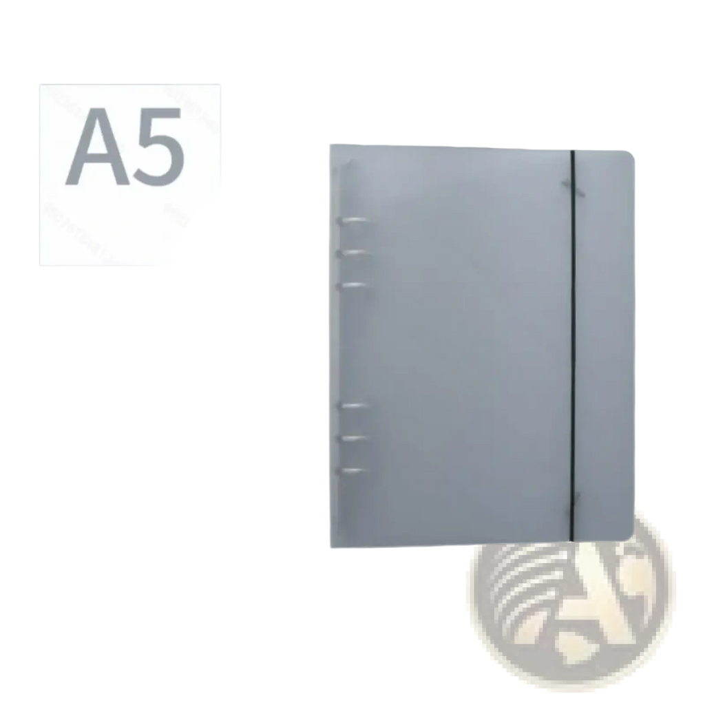 A5 translucent loose leaf ring binder notebook with transparent cover six silver metal rings and black elastic band closure
