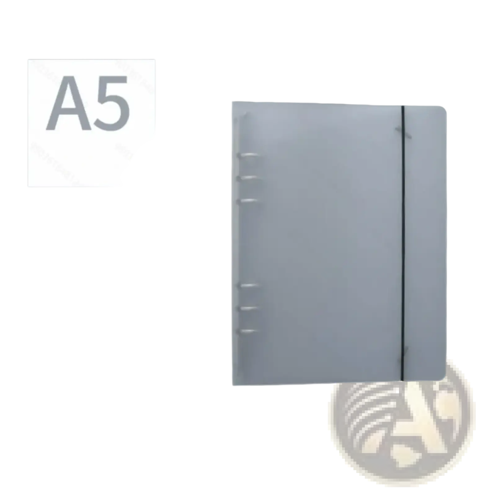 A5 translucent loose leaf ring binder notebook with transparent cover six silver metal rings and black elastic band closure