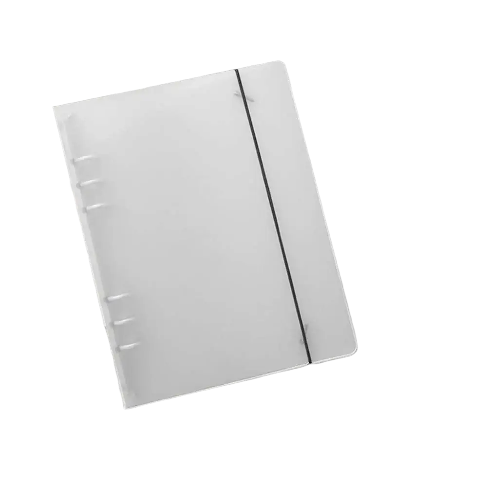 A5 translucent white plastic loose leaf ring binder notebook with black elastic band and three metal rings on the left side