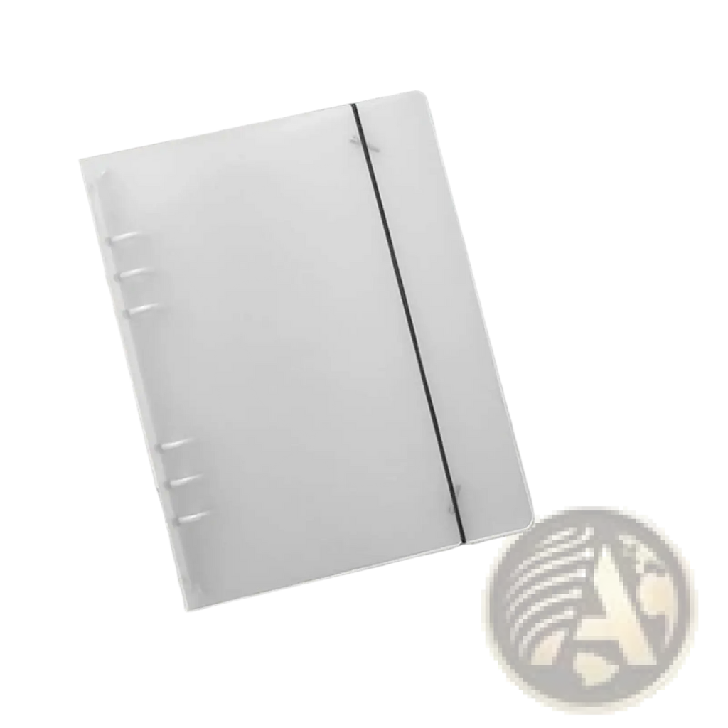 A5 translucent white plastic loose leaf ring binder notebook with black elastic band and three metal rings on the left side