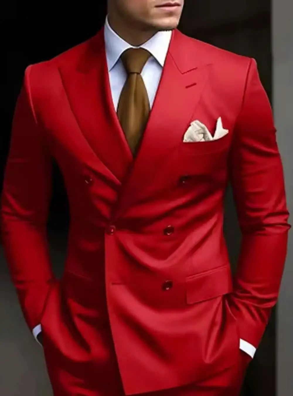 Traje cruzado doble de corte entallado para hombre en un rojo llamativo, con ajuste a medida y elegante, y un pañuelo de bolsillo a juego.
