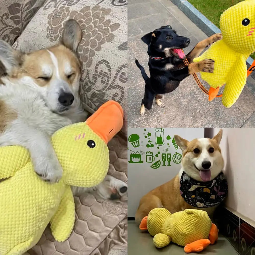 Yellow knitted calming duck toy for dogs with an orange beak and feet designed for anxiety relief and quacking plush play.