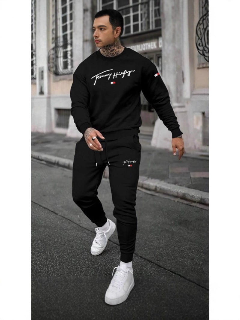 Black tommy hilfiger sweatshirt with white cursive logo and red white and blue flag emblem on the sleeve made of polyester in men 3d digital print casual set sporty outfit.