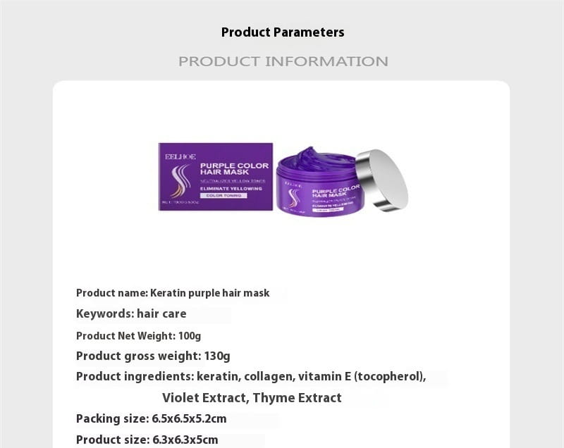Masque capillaire en kératine violet pour contrôler les reflets cuivrés, dans un élégant pot cylindrique en finition argentée, contenant 100 g de produit.