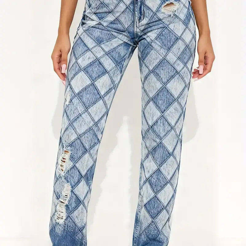 Light-wash denim straight leg jeans feature a bold argyle geometric pattern with distressed ripped details and a high waisted medium wash design.