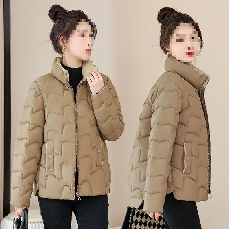 Beige quilted cotton padded coat with a high collar and front zipper in Korean style design.
