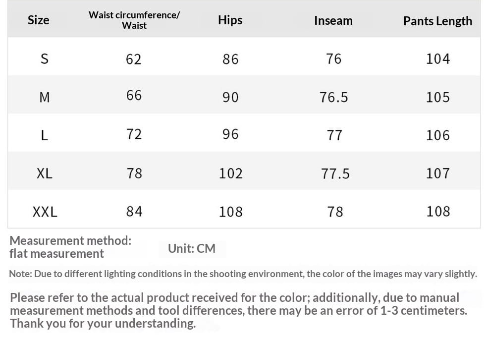 Size chart for wide leg stretchy high waisted jeans showing pants measurements in centimeters across sizes small to XXL.