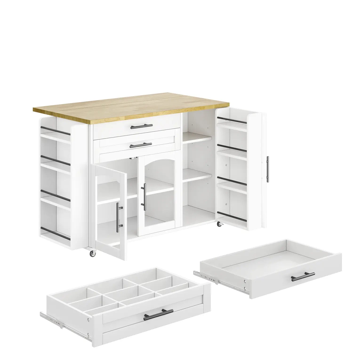 White mobile kitchen island with light wood countertop foldable worktop multiple storage compartments drawers and shelves on wheels