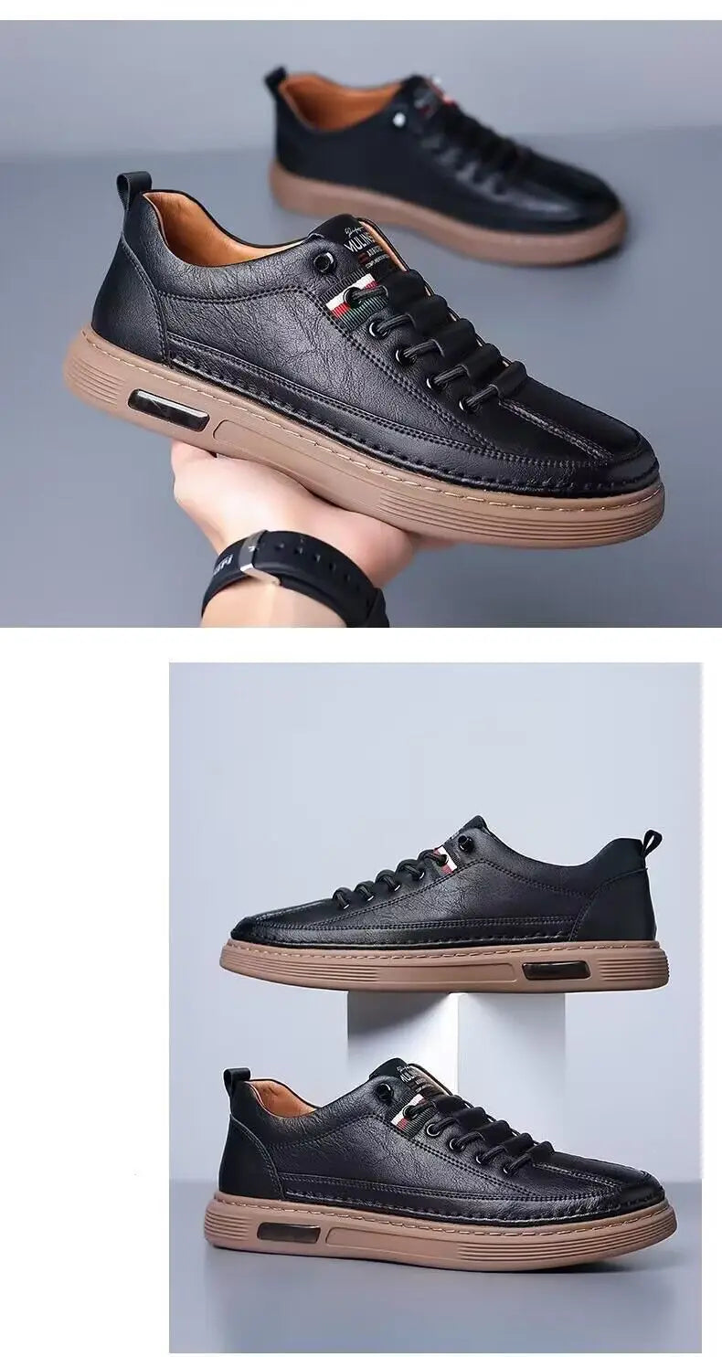 Schwarze Ledersportschuhe mit beigen Sohlen und dezenter Detailausführung zur Luftpolsterung, ausgelegt für Mode und Komfort.