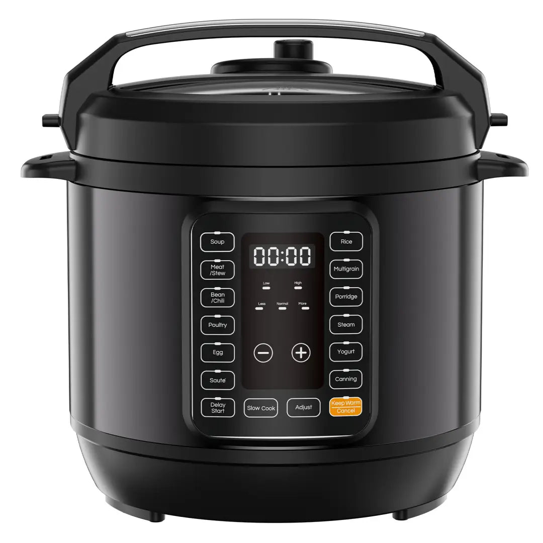 Black digital electric pressure cooker with sleek modern design and multiple cooking function buttons suitable for 6qt and 8qt multi-cooking use.