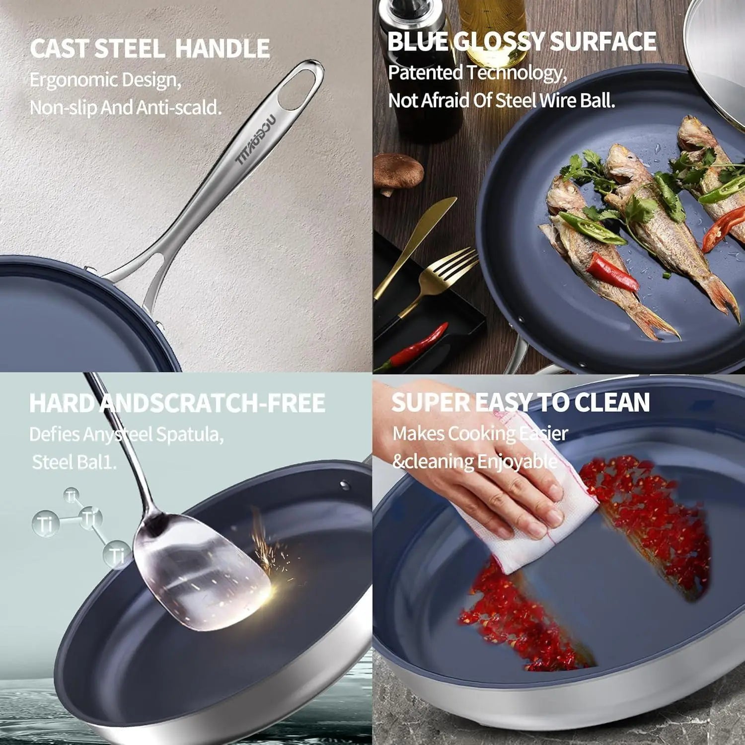 Poêle à frire antiadhésive en titane bleu brillant, avec manche en acier moulé en acier inoxydable de 10 pouces, pour une cuisson polyvalente.
