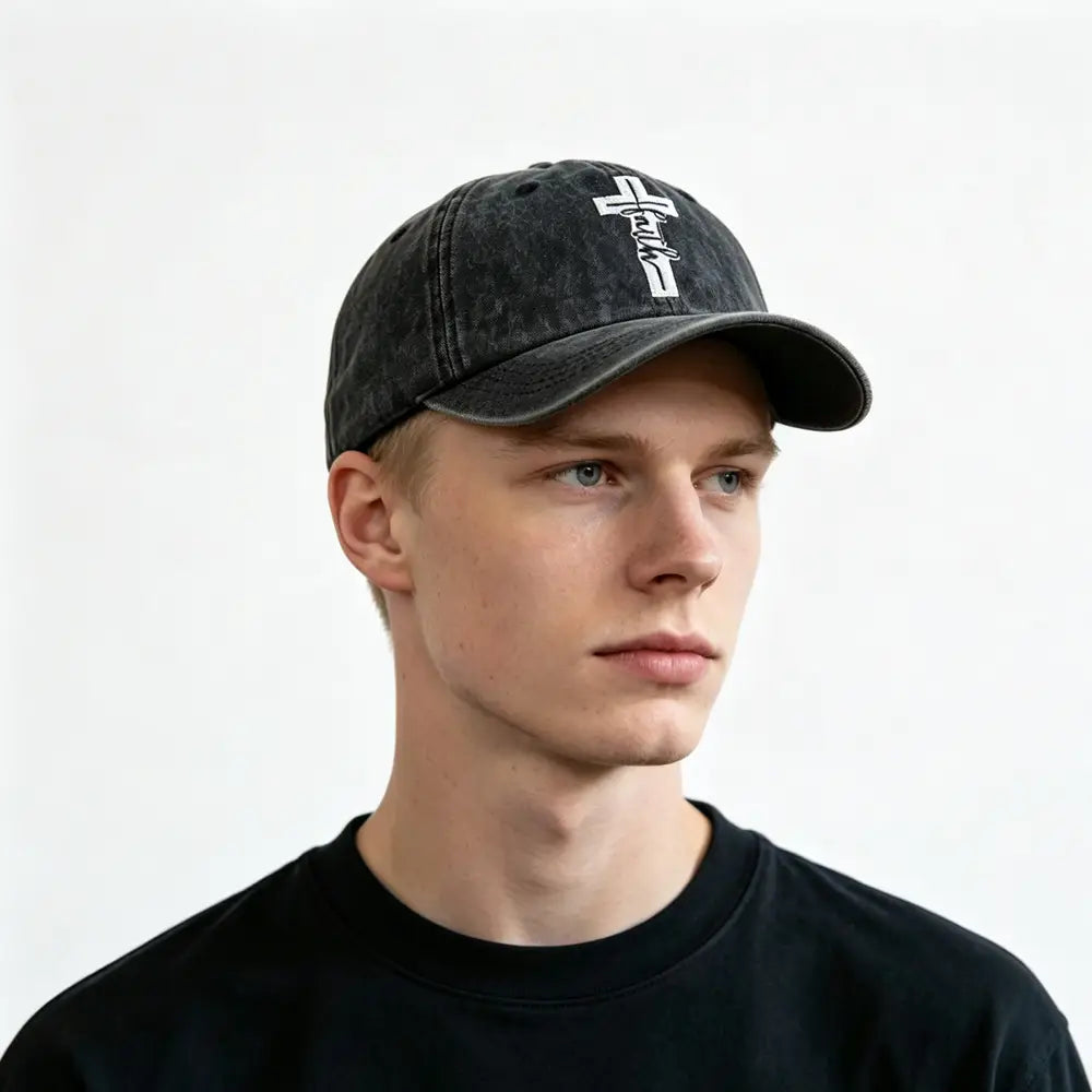 Black distressed denim baseball cap featuring a white cross and script logo on the front called Faith Cross Distressed Vintage Baseball Cap.