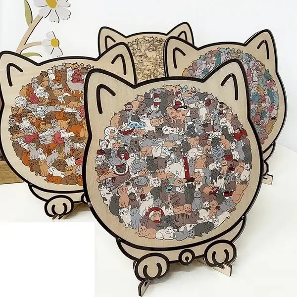 Rompecabezas de madera con forma de gato de 135 piezas con ilustraciones intrincadas de varios gatos en múltiples colores sobre un acabado natural de madera para disfrutar de un juego de rompecabezas artístico