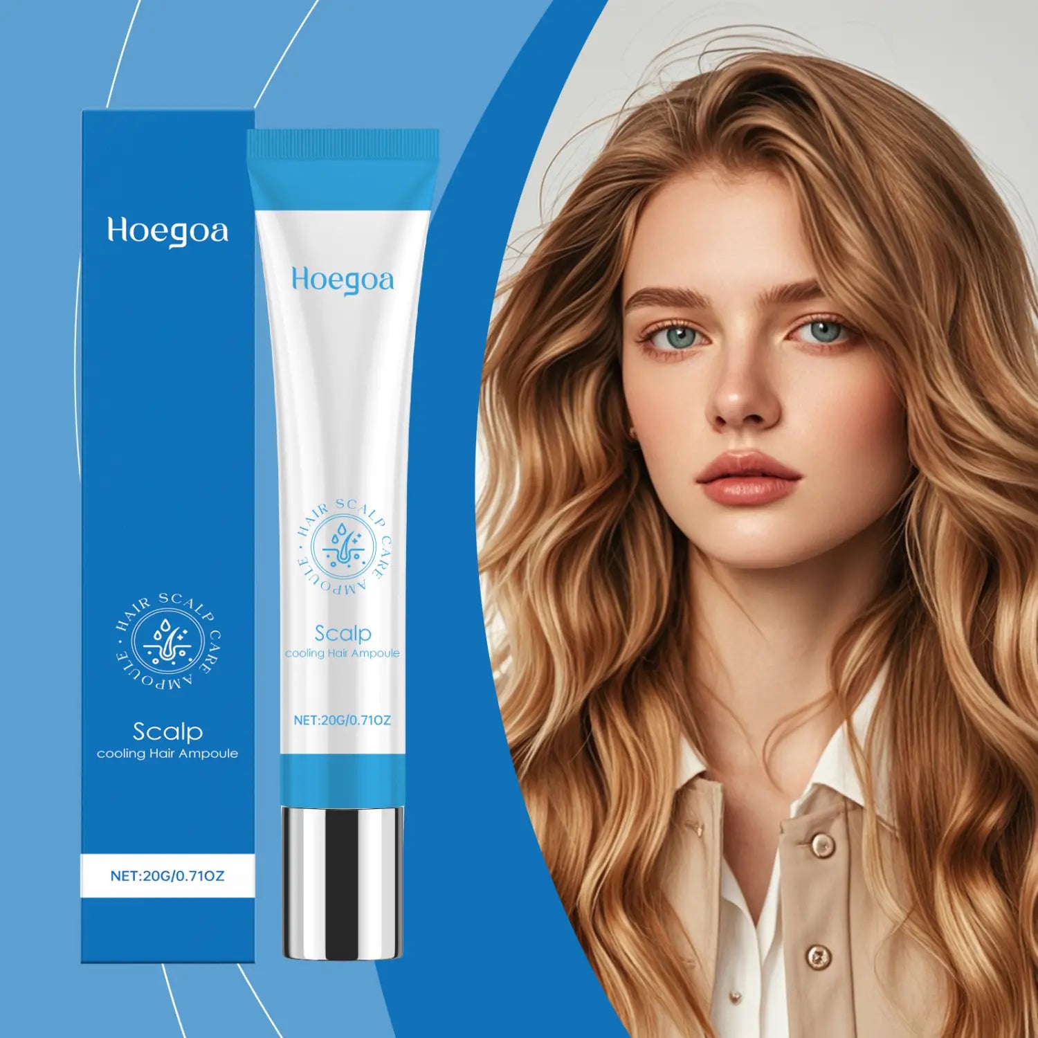 Hoegoa scalp cooling hair ampoule vitamin B5 repairing essence in a sleek white and blue tube with a silver cap displayed next to matching blue packaging.