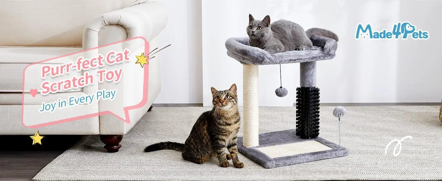 Gray cat tree tower with plush top platform, sisal scratching post, and dangling toys for feline entertainment and exercise.