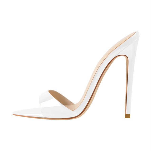 White transparent high-heeled slip-on pointed toe stiletto sandals with a sleek glossy finish and minimalist crocodile pattern design.