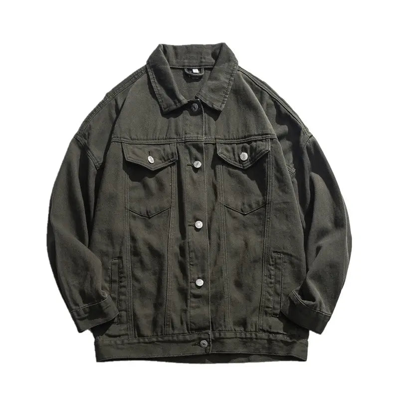 mens black denim jacket casual retro utility outerwear featuring dark olive green denim material with silver buttons and classic chest pockets