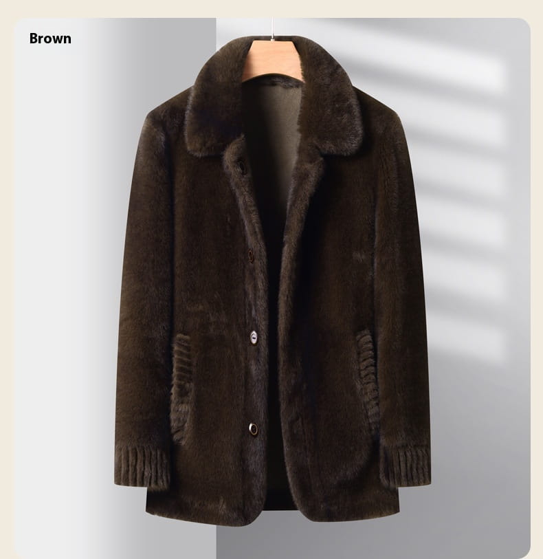 Brown faux fur winter coat for men featuring a plush collar and ribbed cuffs.