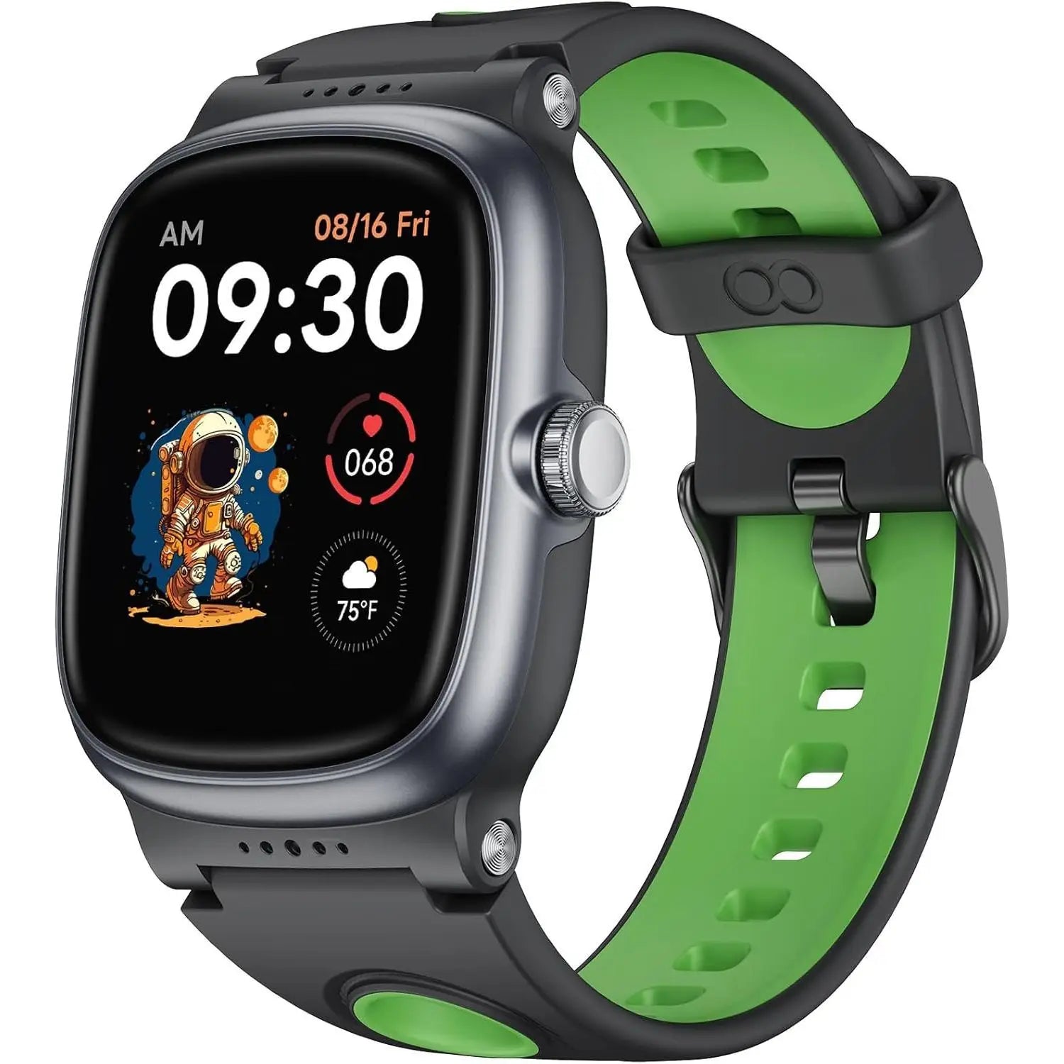 K1 Kids waterproof smartwatch with a black and green silicone strap and a rectangular screen displaying an astronaut-themed fitness tracking interface.