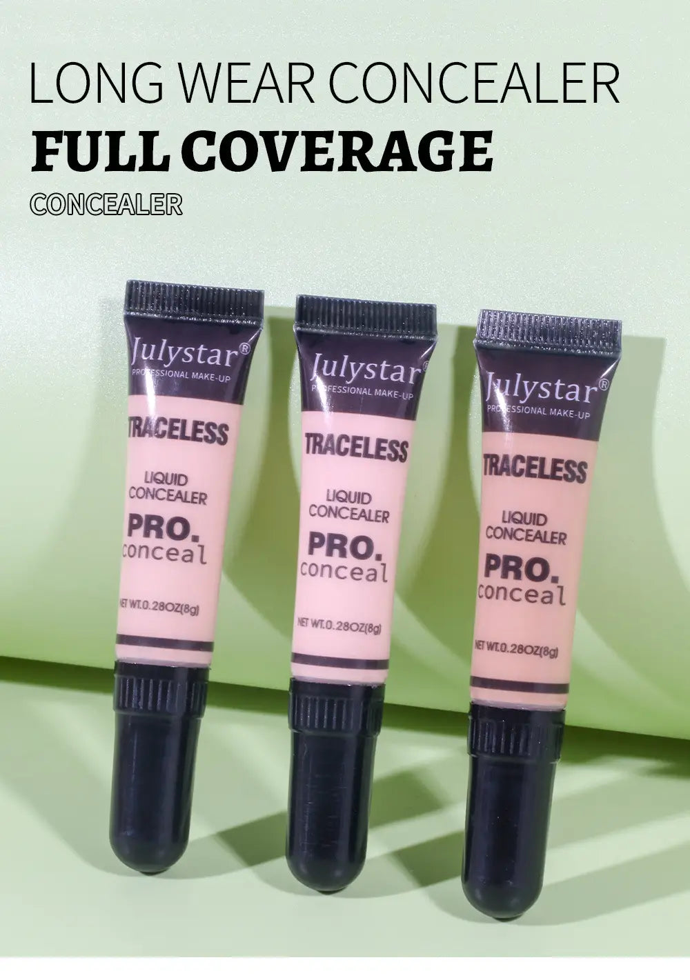 Three pink and black julystar traceless liquid concealer tubes with sleek professional makeup design for tattoo concealer use.