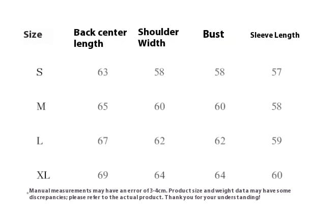 Size chart for a women’s fur collar hooded knit coat displaying measurements in centimeters across sizes S through XL.
