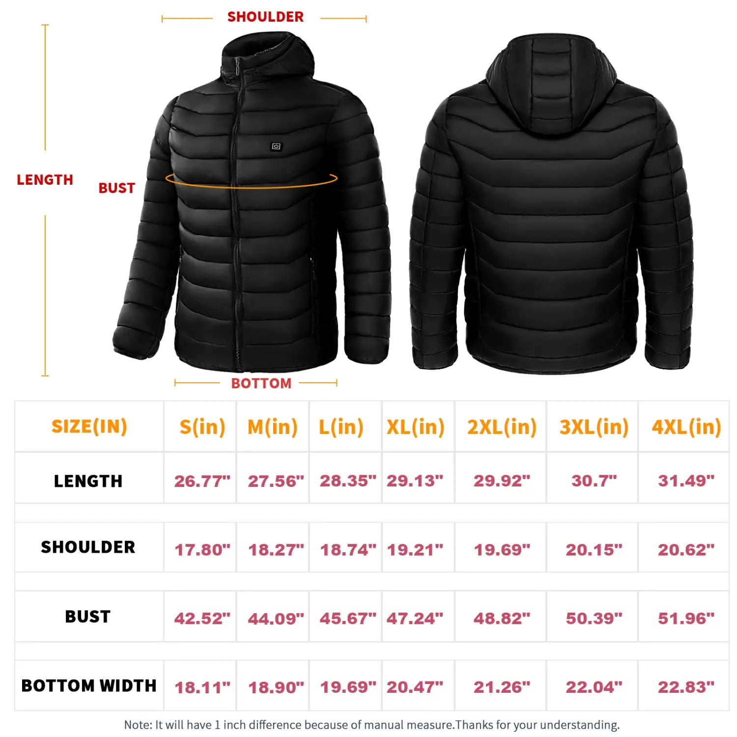 Black quilted electric heated unisex 9 zone puffer jacket with hood and front zipper made for cold weather.