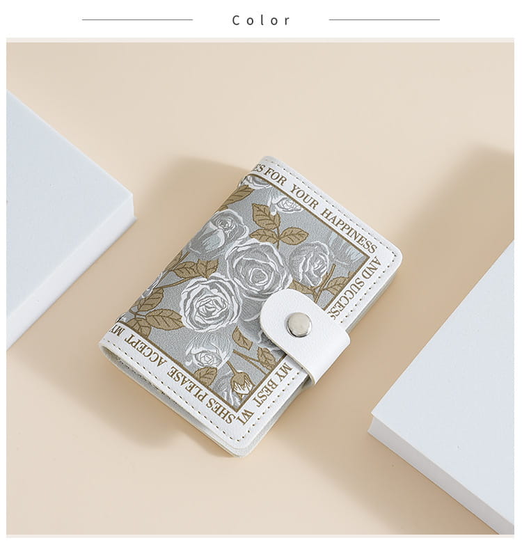 vintage floral pu leather multi slot card holder wallet in silver and gold with rose pattern and white leather strap closure