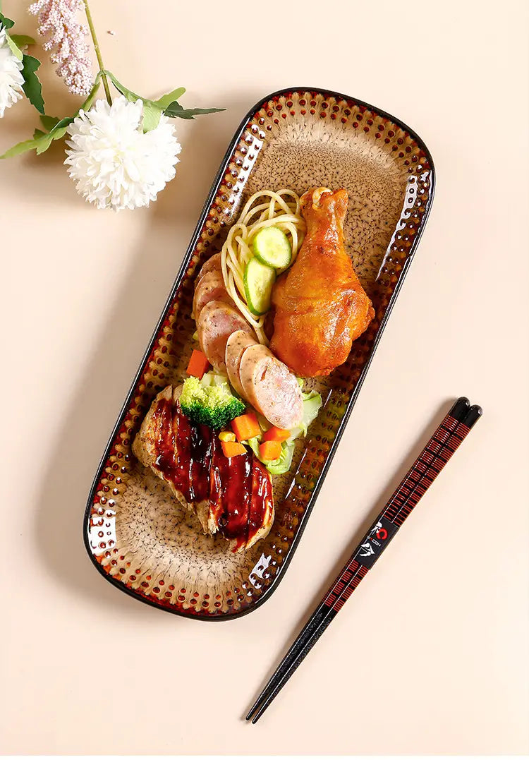 Ceramic serving tray 12.5 inch brown gradient platter featuring a rectangular shape with a speckled beige center and dark brown dotted rim.