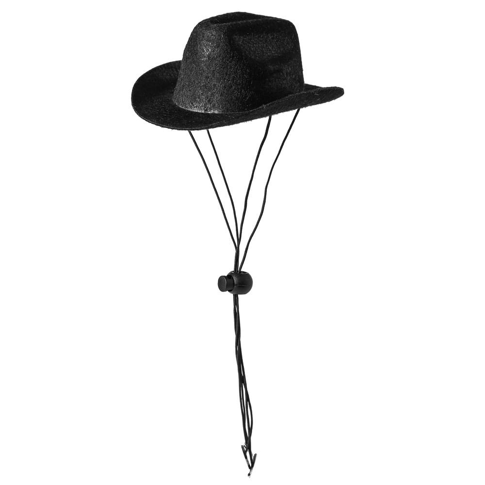 Black felt pet cowboy hat costume with an adjustable black cord and toggle for dogs and cats.